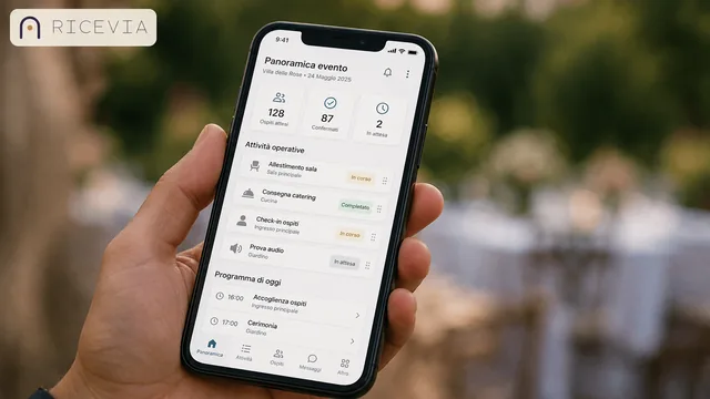Immagine generata con IA: app Ricevia su smartphone con la panoramica dell’evento in corso: ospiti attesi, check-in e attività operative da completare
