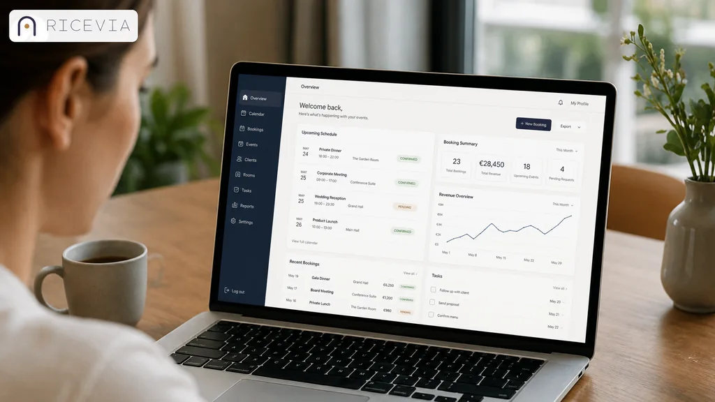 Immagine generata con IA: backoffice di Ricevia aperto su un portatile, con dashboard riepilogativa degli eventi