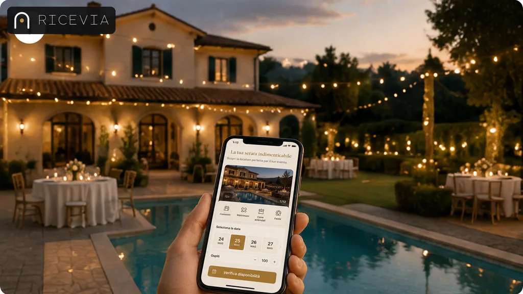 Immagine generata con IA: villa con giardino allestito per un ricevimento serale, consultata tramite l’app Ricevia su smartphone per verificare data e disponibilità
